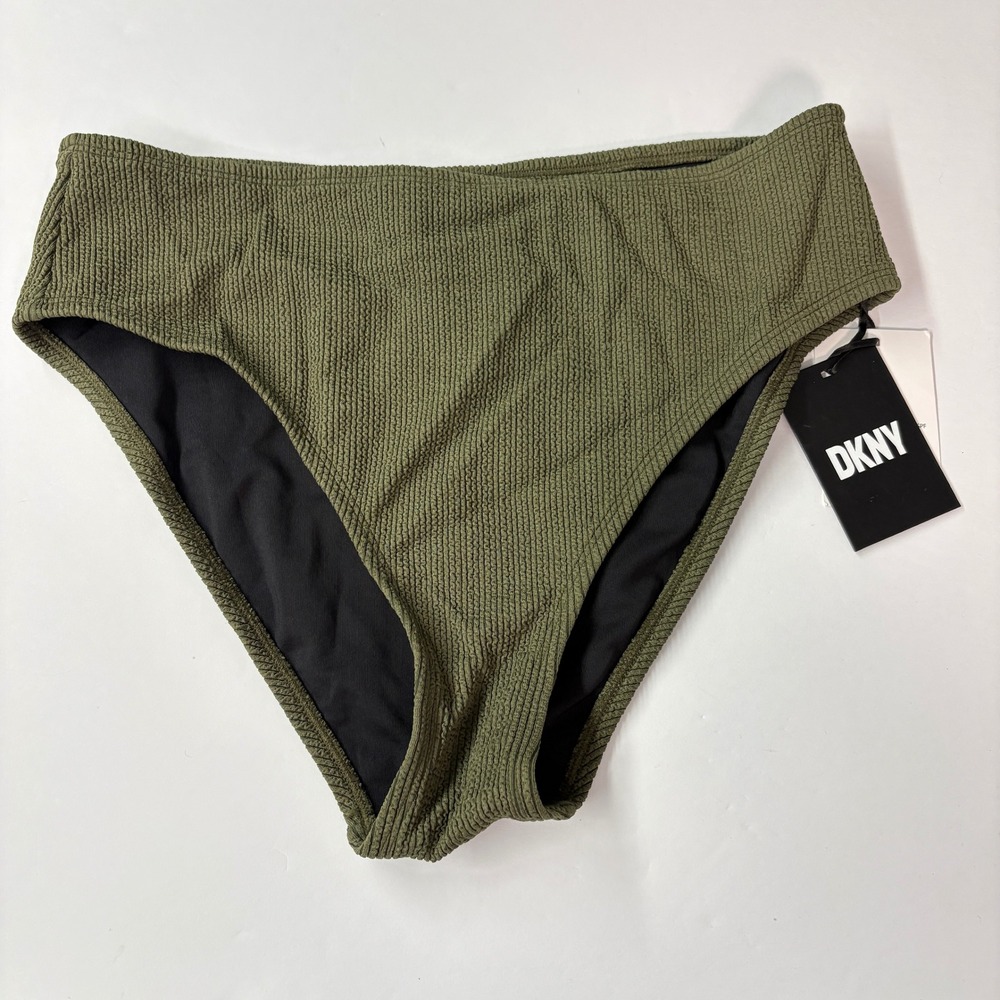 NWT DKNY Women Bikini Bottom M Green Textured Smocked High Waist DI2BV349 Swim